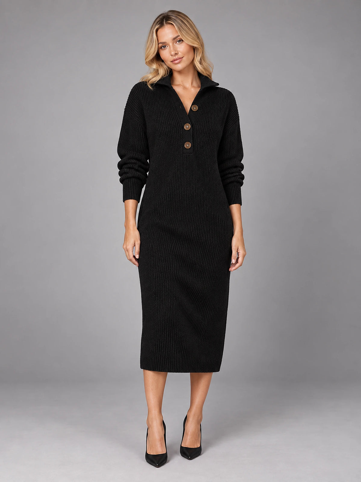 Women's Knitted Shirt Dress – Button-Up Collared in Black — front view