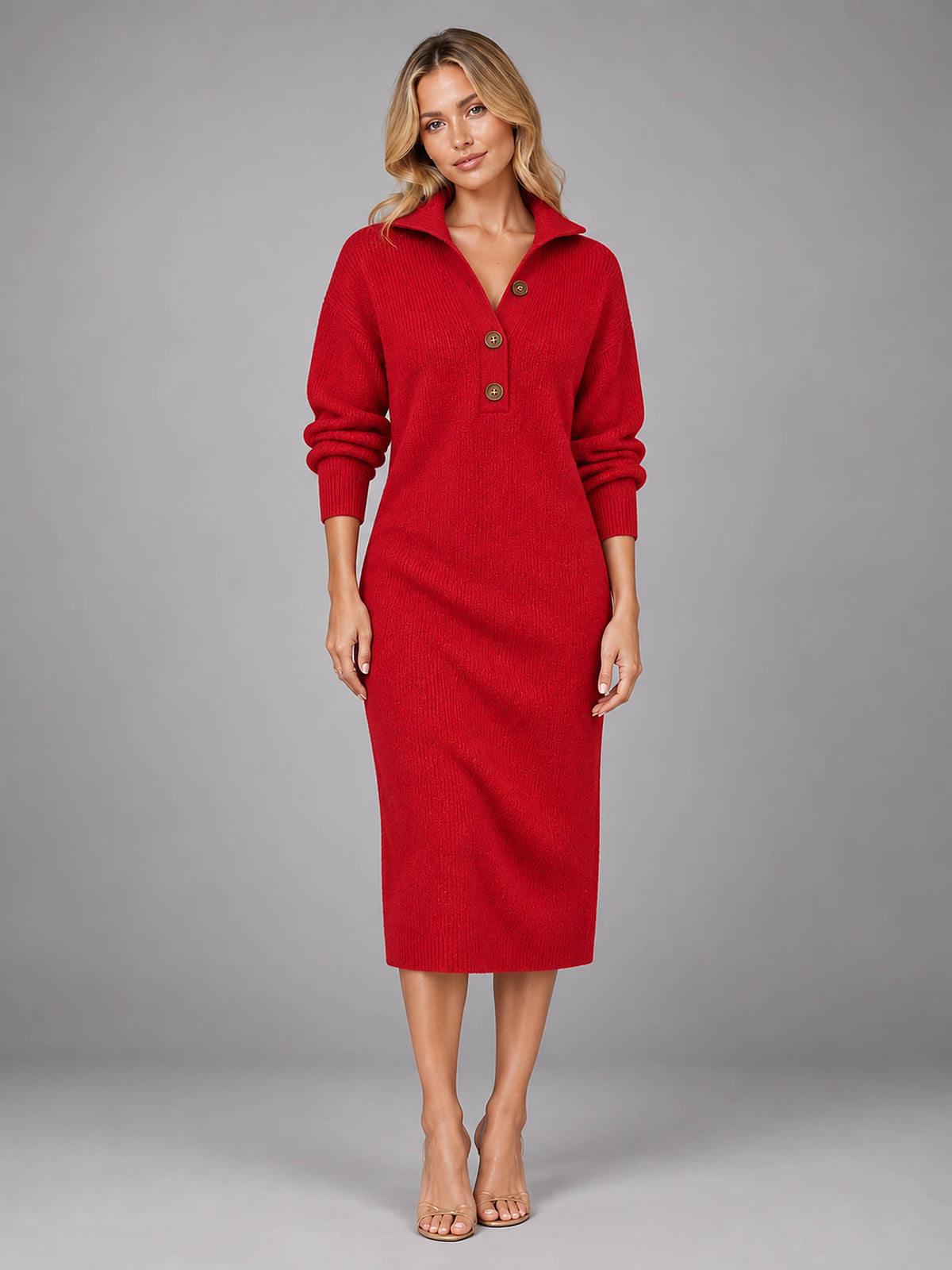 Women's Knitted Shirt Dress – Button-Up Collared in Red — front view