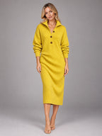 Women's Knitted Shirt Dress – Button-Up Collared in Yellow — front view