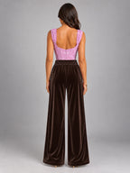 Women's Knitted Wide-Leg Trousers – Pleated Elastic Waist in Dark Brown — back view
