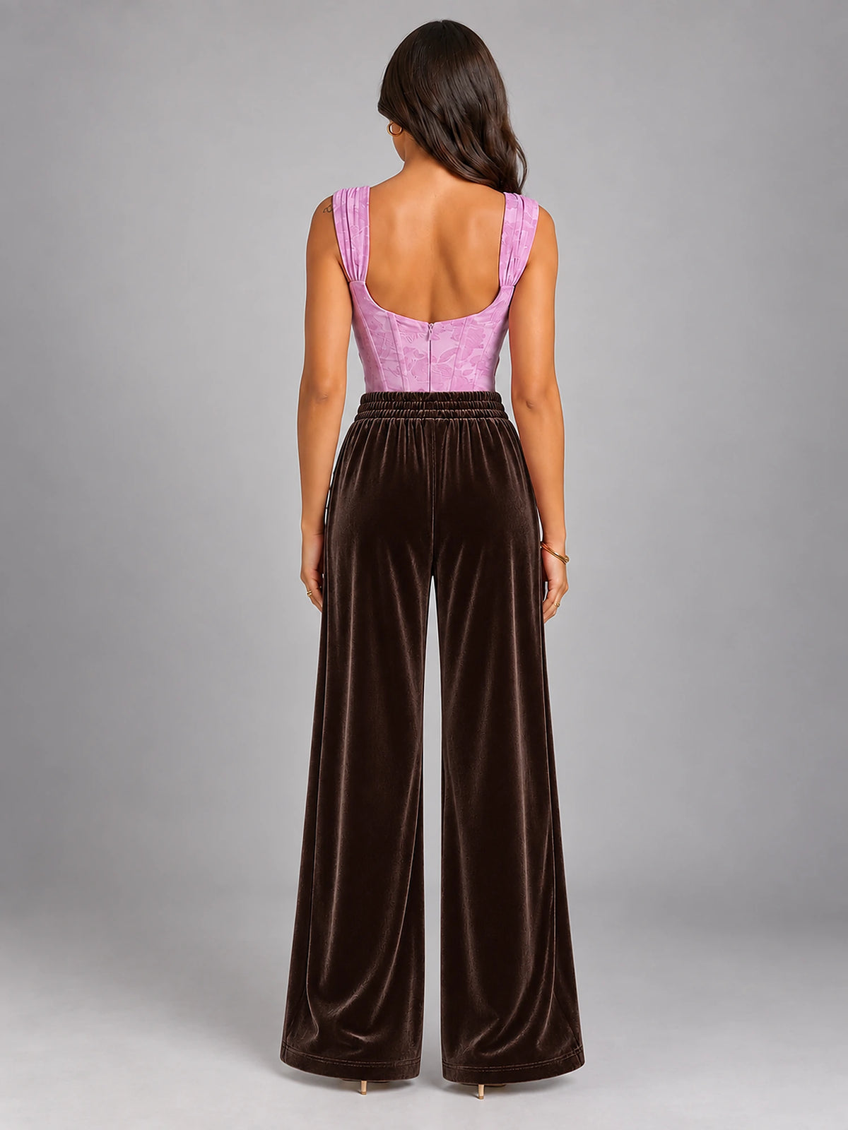 Women's Knitted Wide-Leg Trousers – Pleated Elastic Waist in Dark Brown — back view
