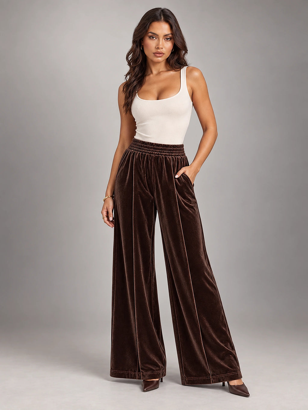 Women's Knitted Wide-Leg Trousers – Pleated Elastic Waist in Dark Brown — alternate view