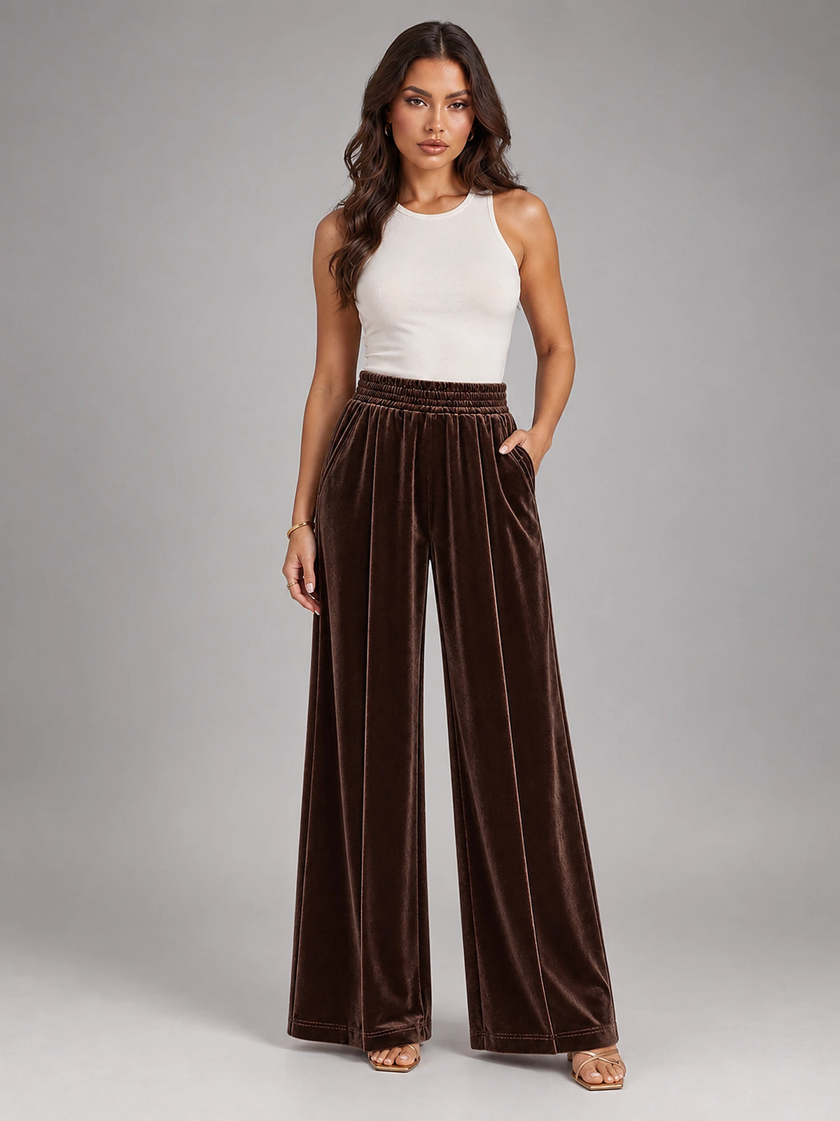 Women's Knitted Wide-Leg Trousers – Pleated Elastic Waist in Dark Brown — front view