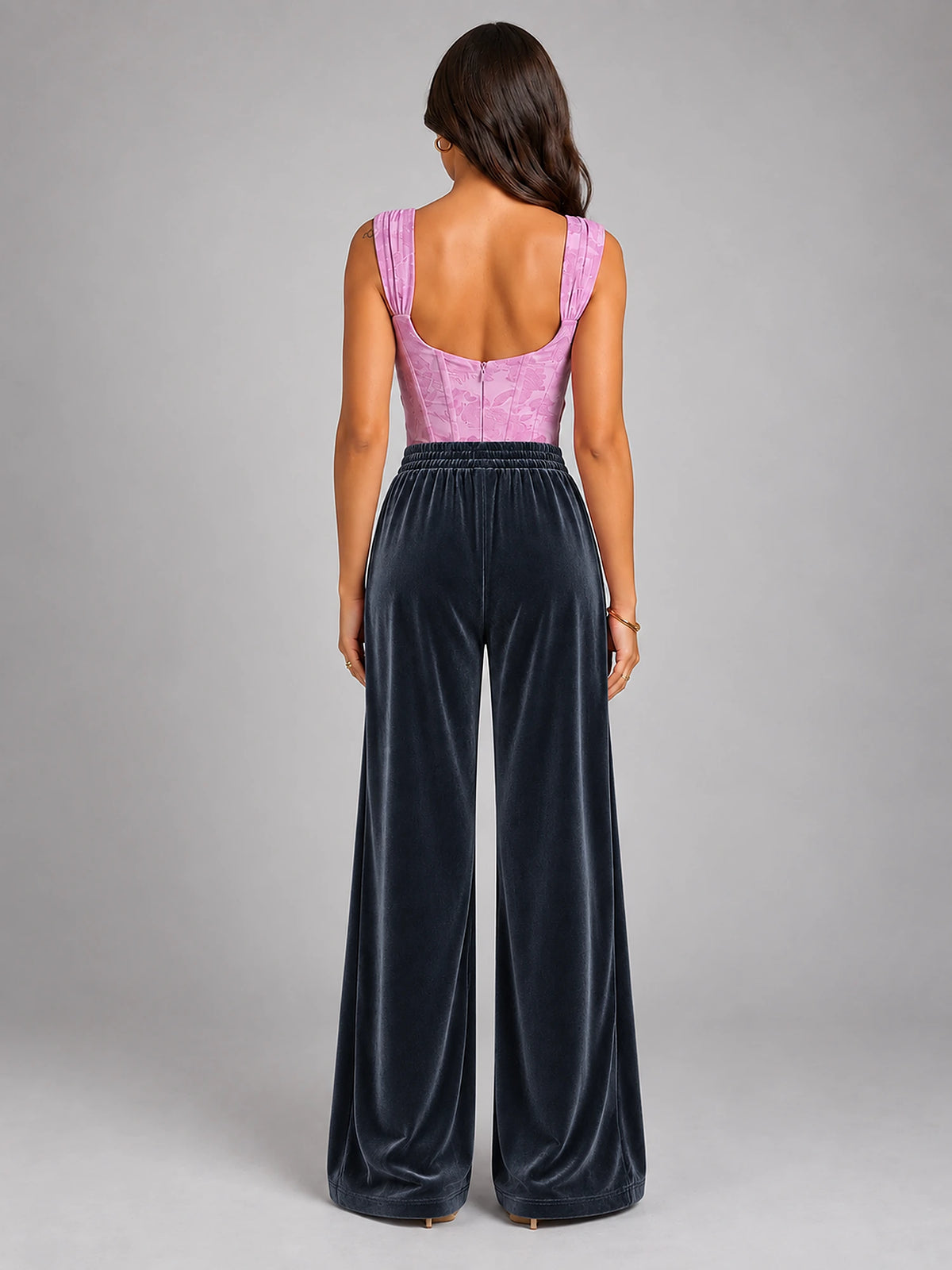 Women's Knitted Wide-Leg Trousers – Pleated Elastic Waist in Dark Grey — back view