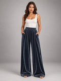 Women's Knitted Wide-Leg Trousers – Pleated Elastic Waist in Dark Grey — front view
