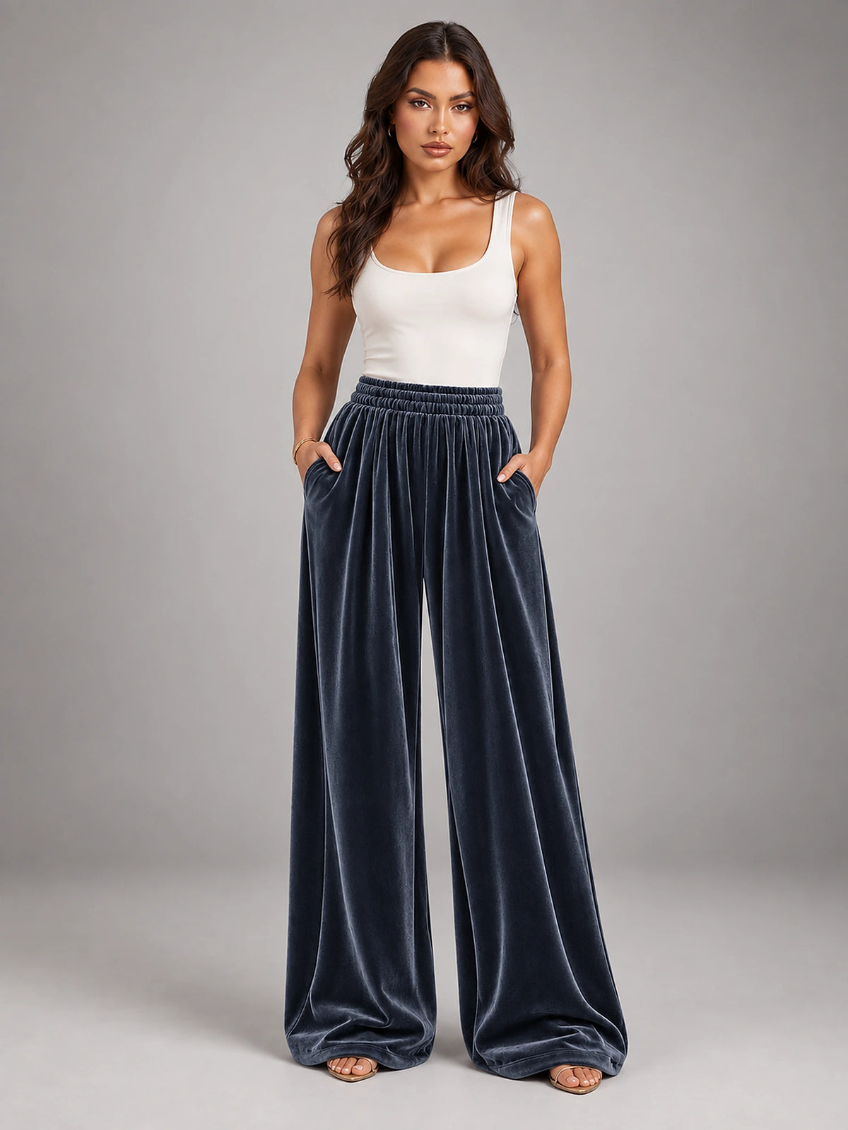 Women's Knitted Wide-Leg Trousers – Pleated Elastic Waist in Dark Grey — front view
