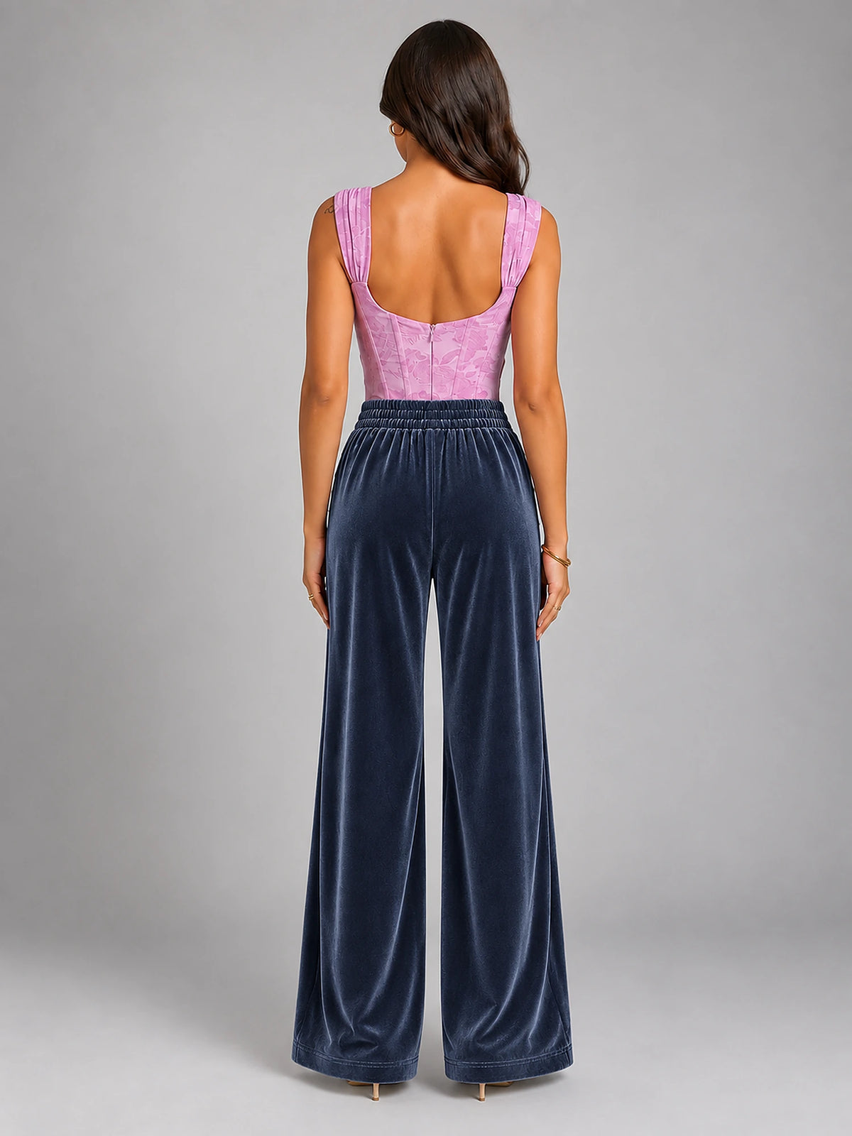 Women's Knitted Wide-Leg Trousers – Pleated Elastic Waist in Greyish Blue — back view