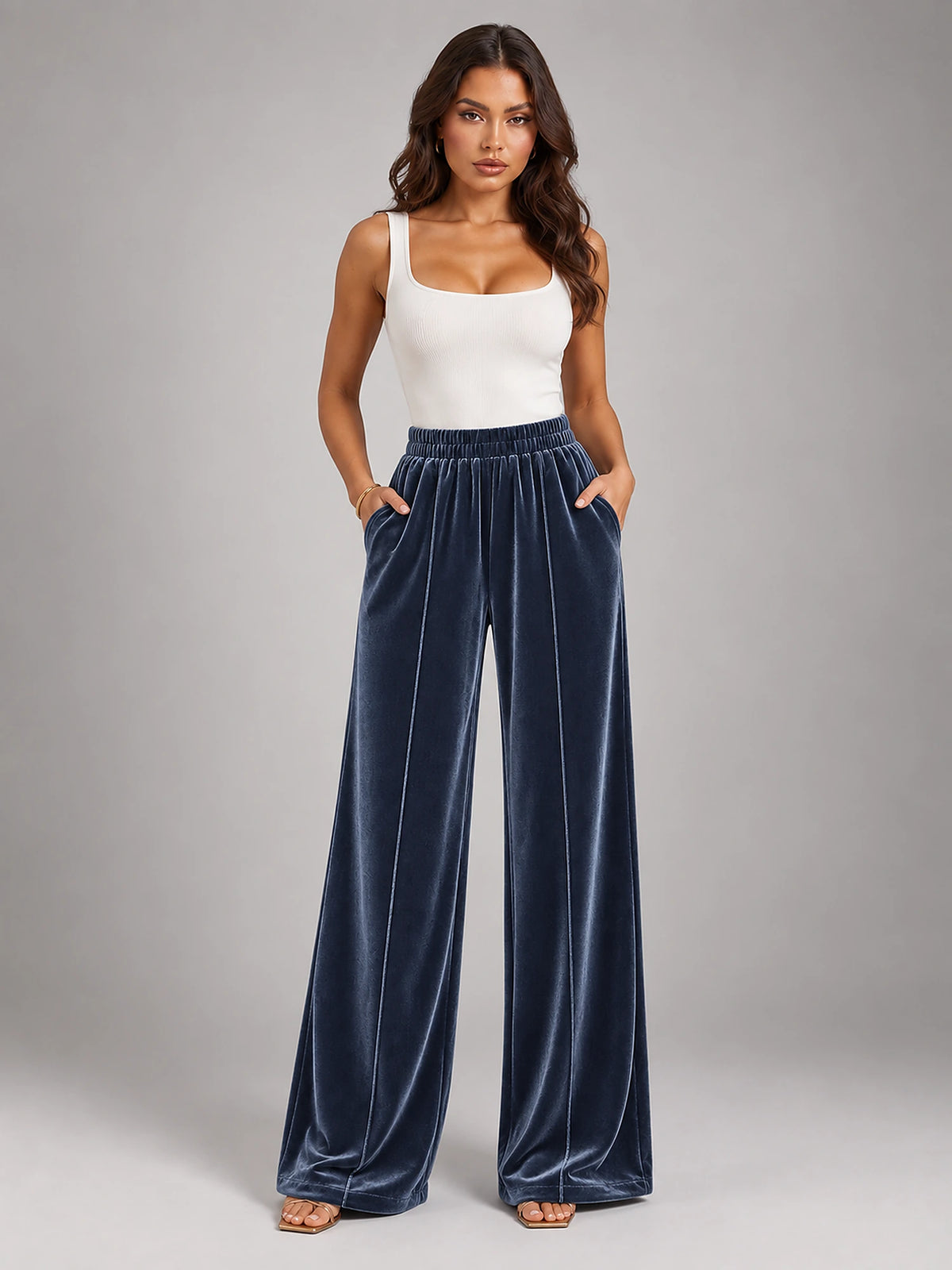 Women's Knitted Wide-Leg Trousers – Pleated Elastic Waist in Greyish Blue — front view