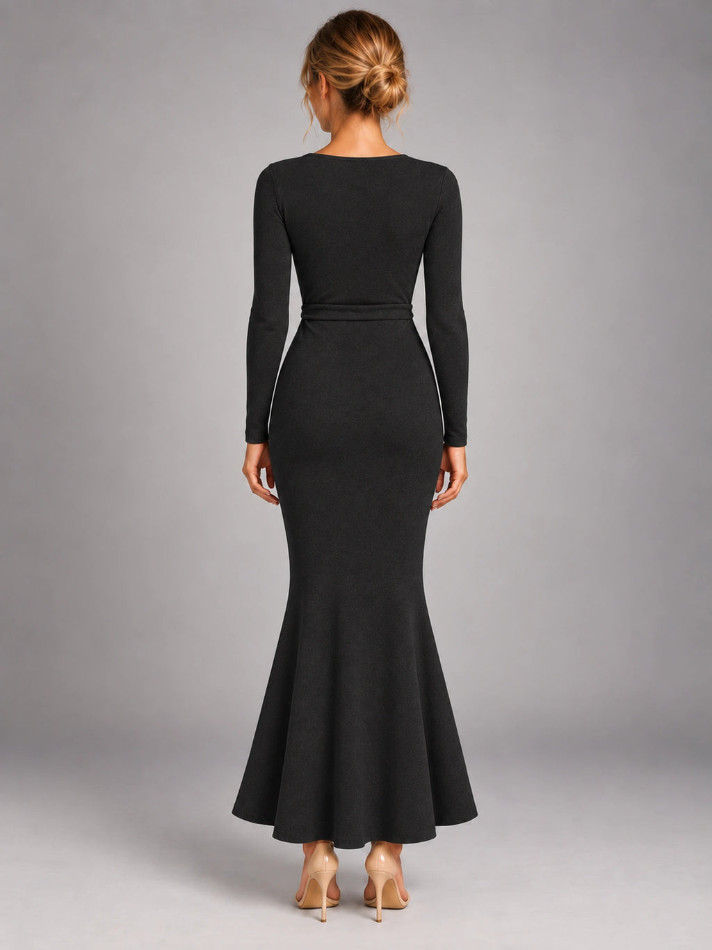 Women's Knitted Wrap Maxi Dress – Side Tie in Black — back view