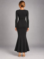 Women's Knitted Wrap Maxi Dress – Side Tie in Black — back view