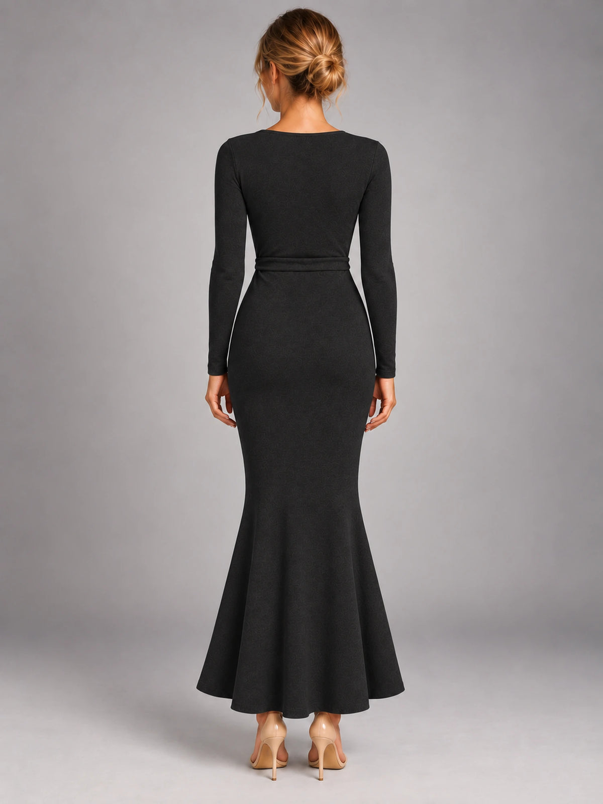 Women's Knitted Wrap Maxi Dress – Side Tie in Black — back view