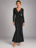 Women's Knitted Wrap Maxi Dress – Side Tie in Black — front view