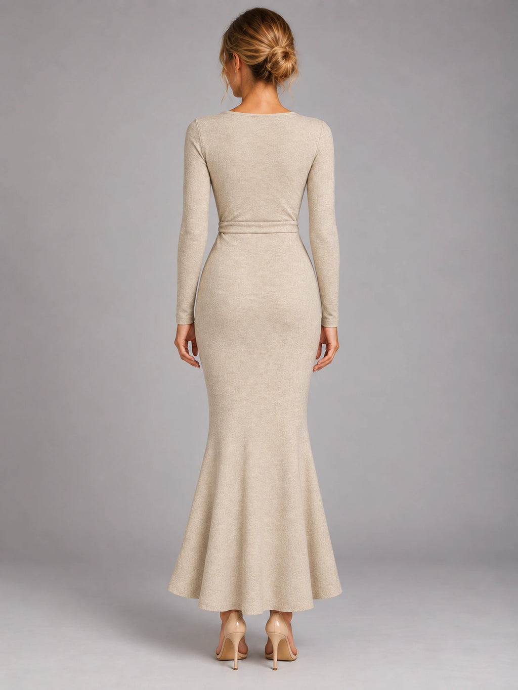 Women's Knitted Wrap Maxi Dress – Side Tie in Oatmeal — back view