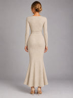 Women's Knitted Wrap Maxi Dress – Side Tie in Oatmeal — back view