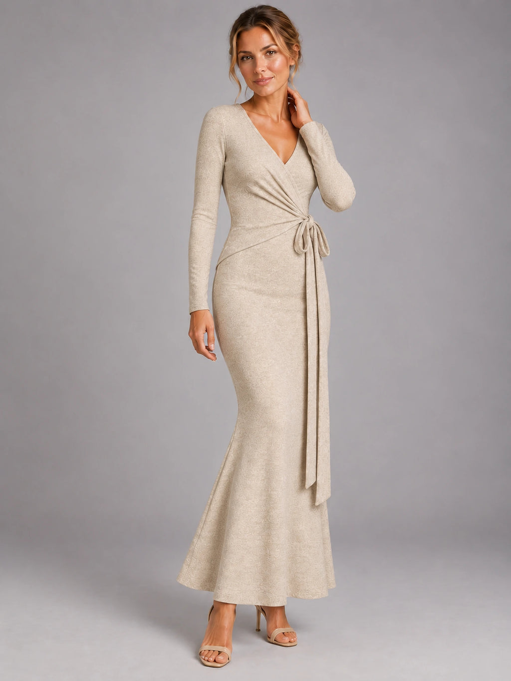 Women's Knitted Wrap Maxi Dress – Side Tie in Oatmeal — alternate view