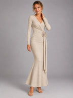 Women's Knitted Wrap Maxi Dress – Side Tie in Oatmeal — alternate view