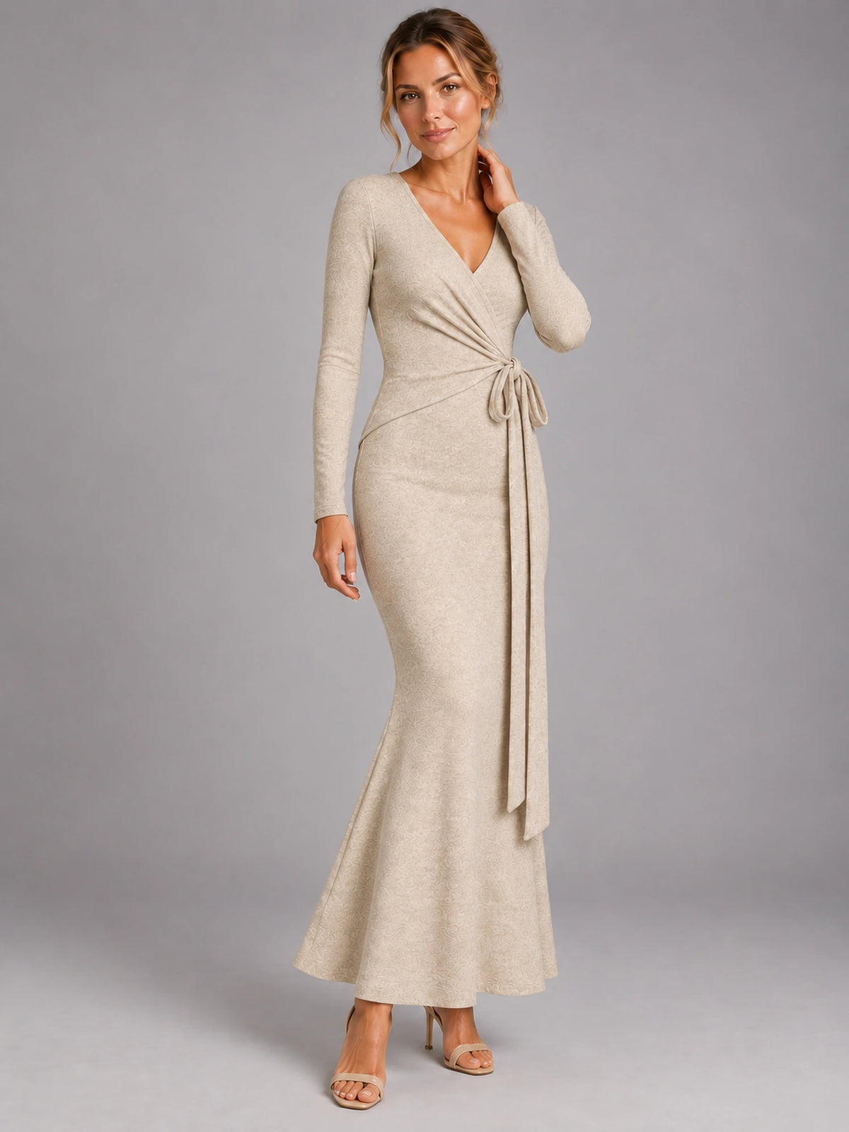 Women's Knitted Wrap Maxi Dress – Side Tie in Oatmeal — alternate view