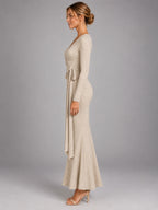 Women's Knitted Wrap Maxi Dress – Side Tie in Oatmeal — side view