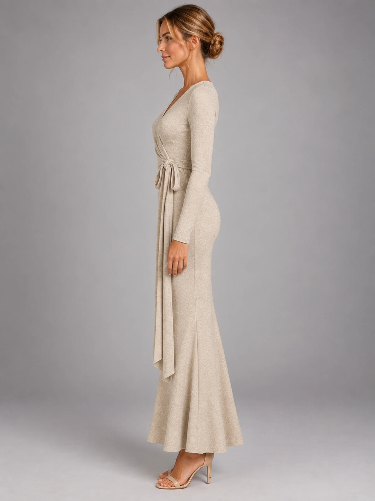 Women's Knitted Wrap Maxi Dress – Side Tie in Oatmeal — side view