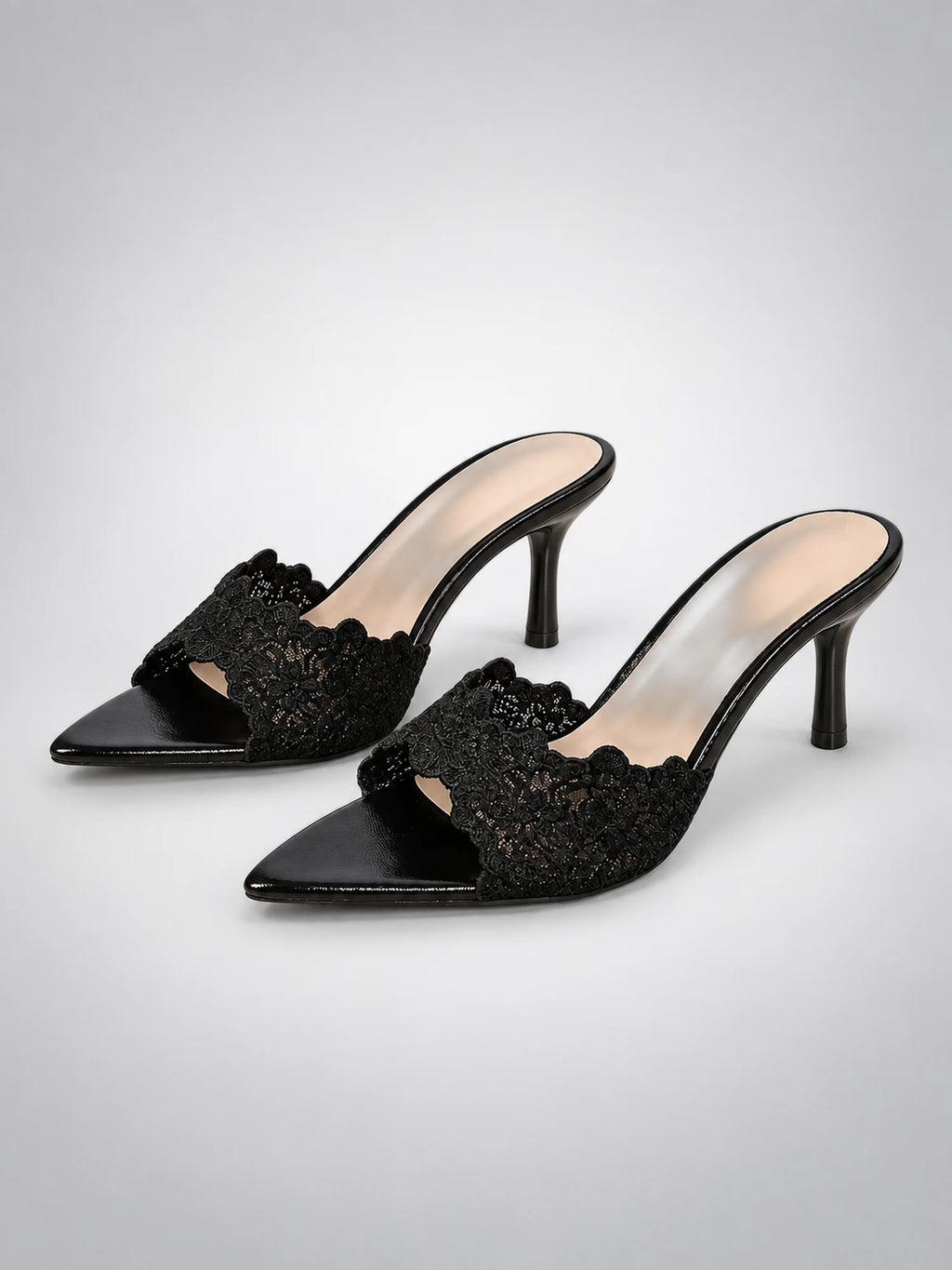 Women's Lace Pointed-Toe Mules – Stiletto Heel in Black — hover view