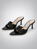 Women's Lace Pointed-Toe Mules – Stiletto Heel in Black — hover view