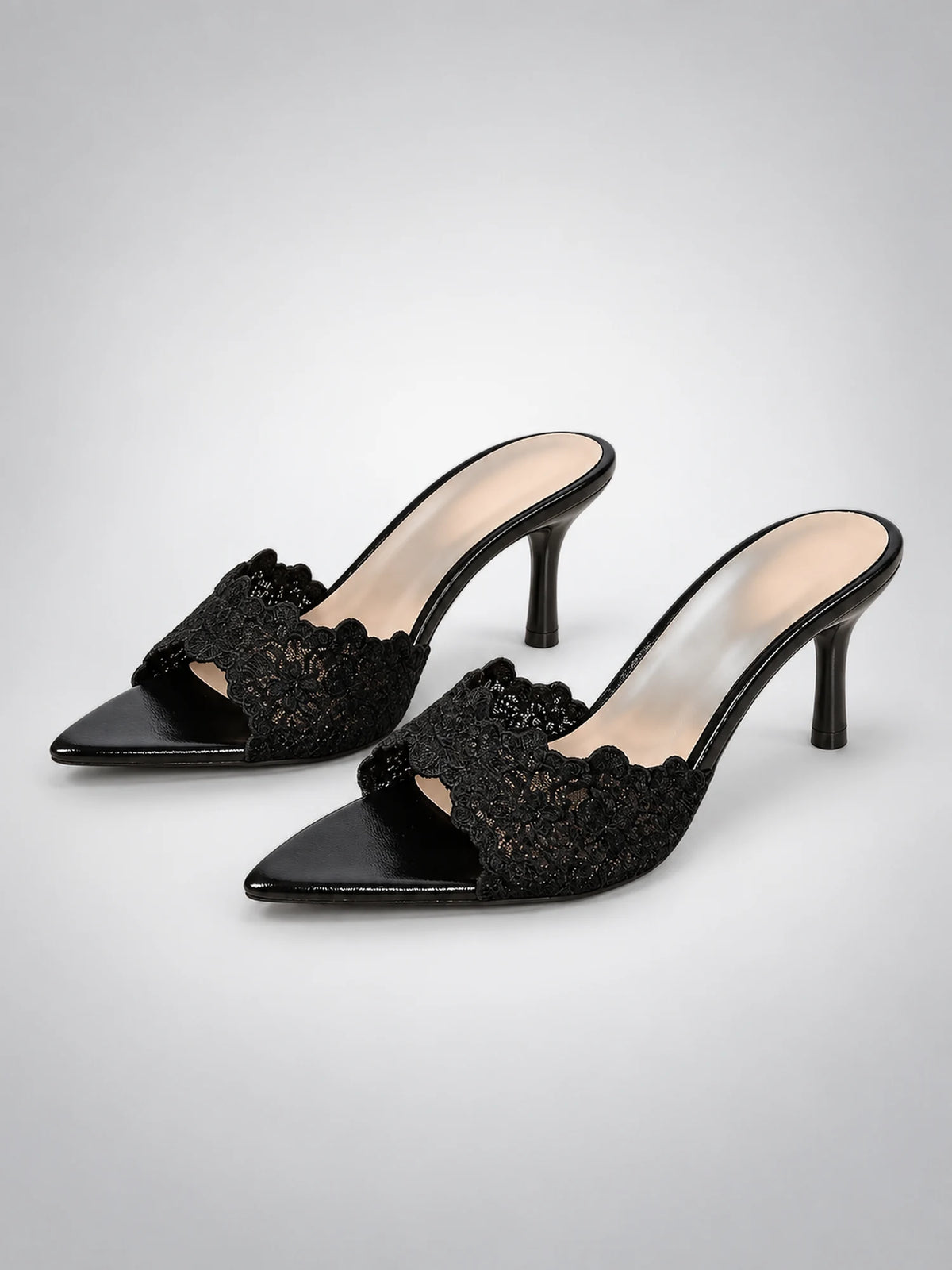 Women's Lace Pointed-Toe Mules – Stiletto Heel in Black — hover view