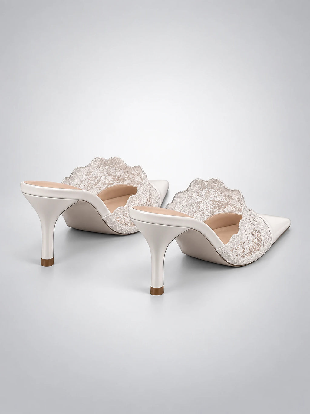 Women's Lace Pointed-Toe Mules – Stiletto Heel in White — back view