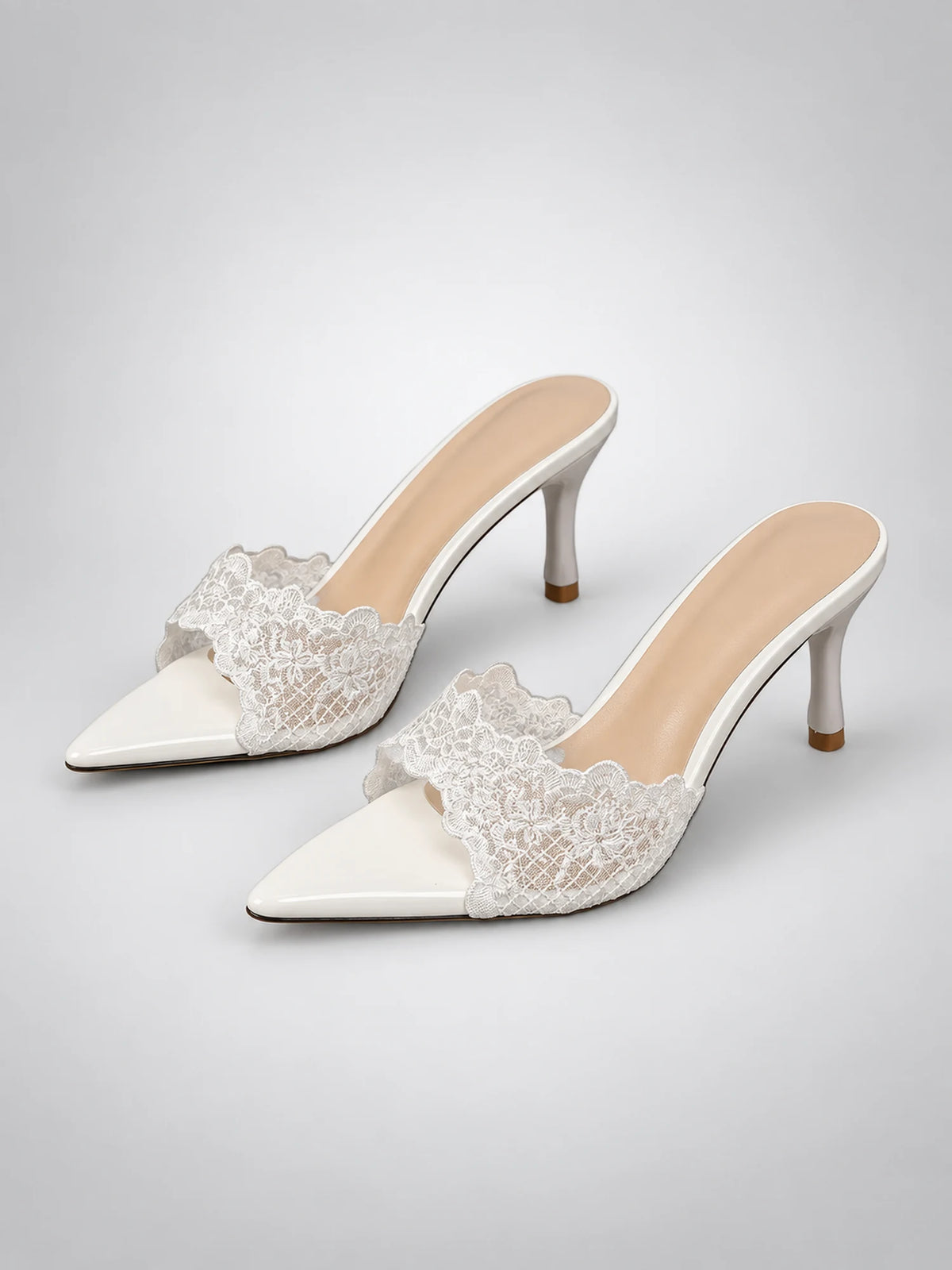 Women's Lace Pointed-Toe Mules – Stiletto Heel in White — back view