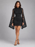 Women's Lace Stand Collar Dress – Long Sleeve Slit in Black — front view