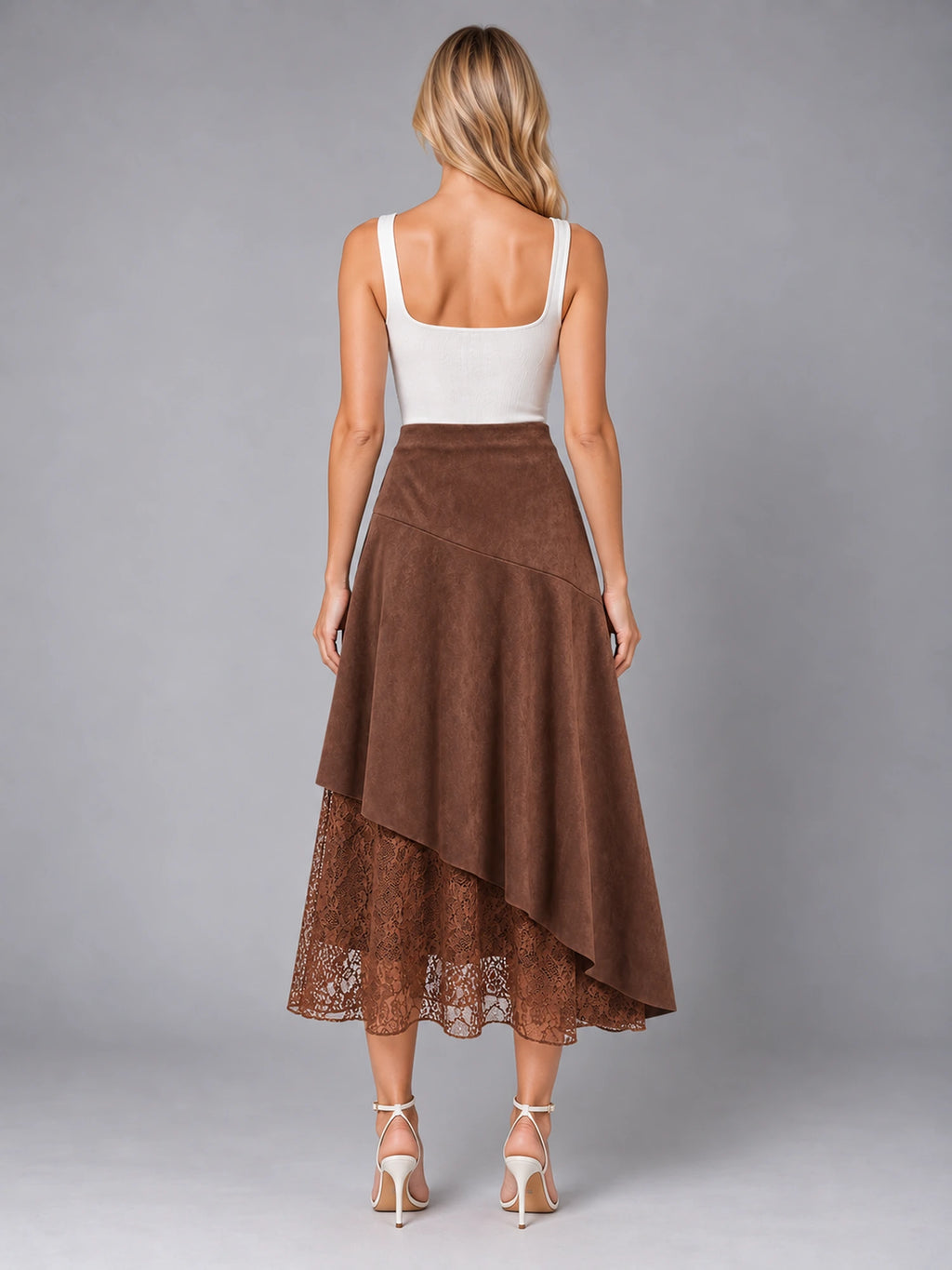 Women's Lace Trim Suede Skirt – Asymmetric Midi in Coffee — back view
