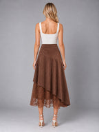 Women's Lace Trim Suede Skirt – Asymmetric Midi in Coffee — back view
