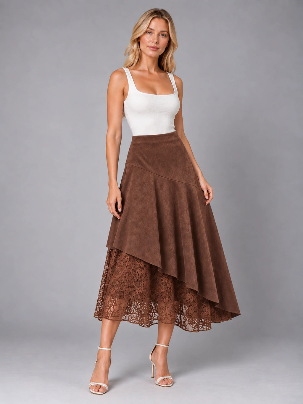 Women's Lace Trim Suede Skirt – Asymmetric Midi in Coffee — alternate view