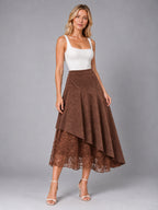 Women's Lace Trim Suede Skirt – Asymmetric Midi in Coffee — alternate view