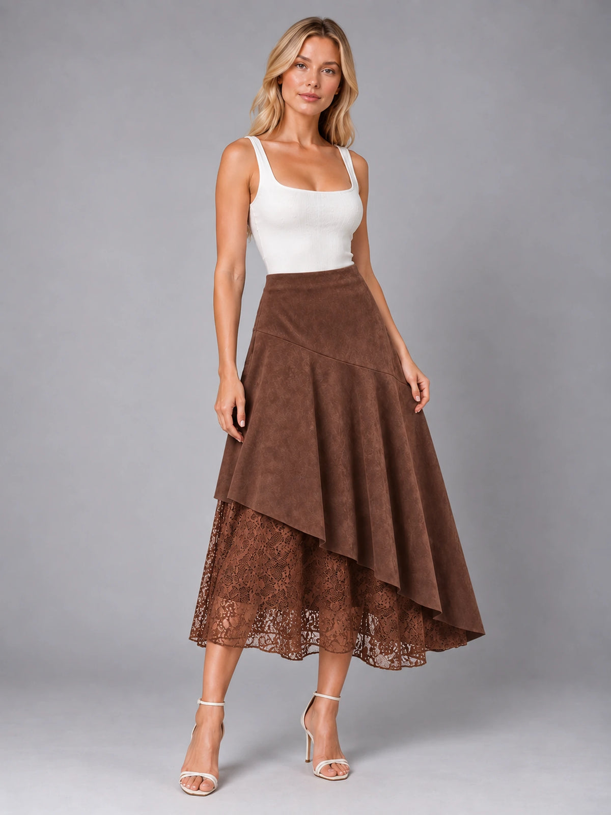 Women's Lace Trim Suede Skirt – Asymmetric Midi in Coffee — alternate view