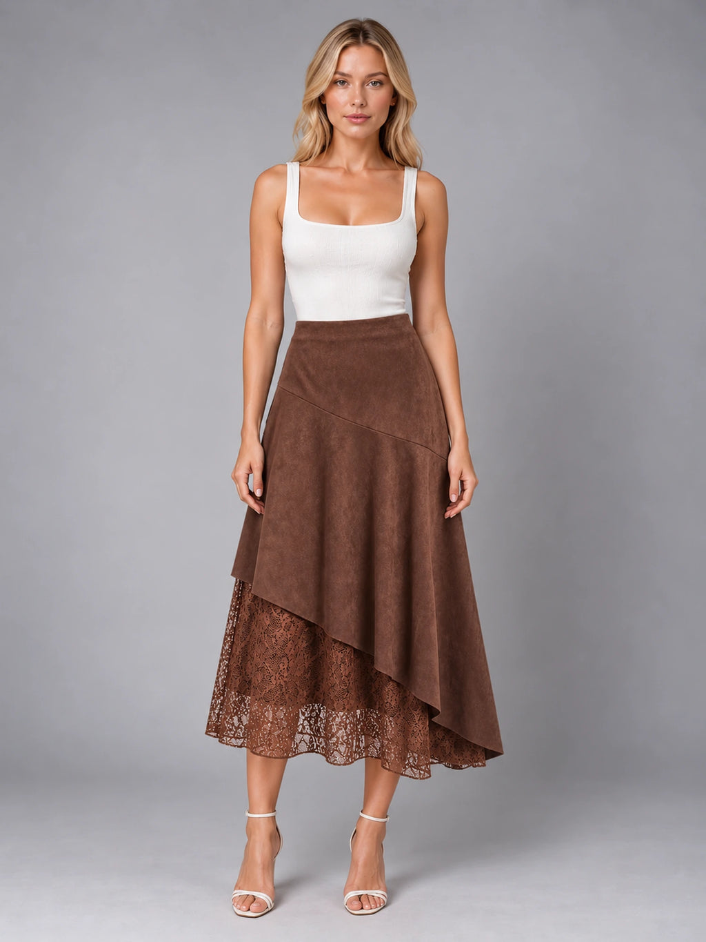 Women's Lace Trim Suede Skirt – Asymmetric Midi in Coffee — front view