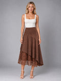 Women's Lace Trim Suede Skirt – Asymmetric Midi in Coffee — front view