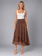 Women's Lace Trim Suede Skirt – Asymmetric Midi in Coffee — front view