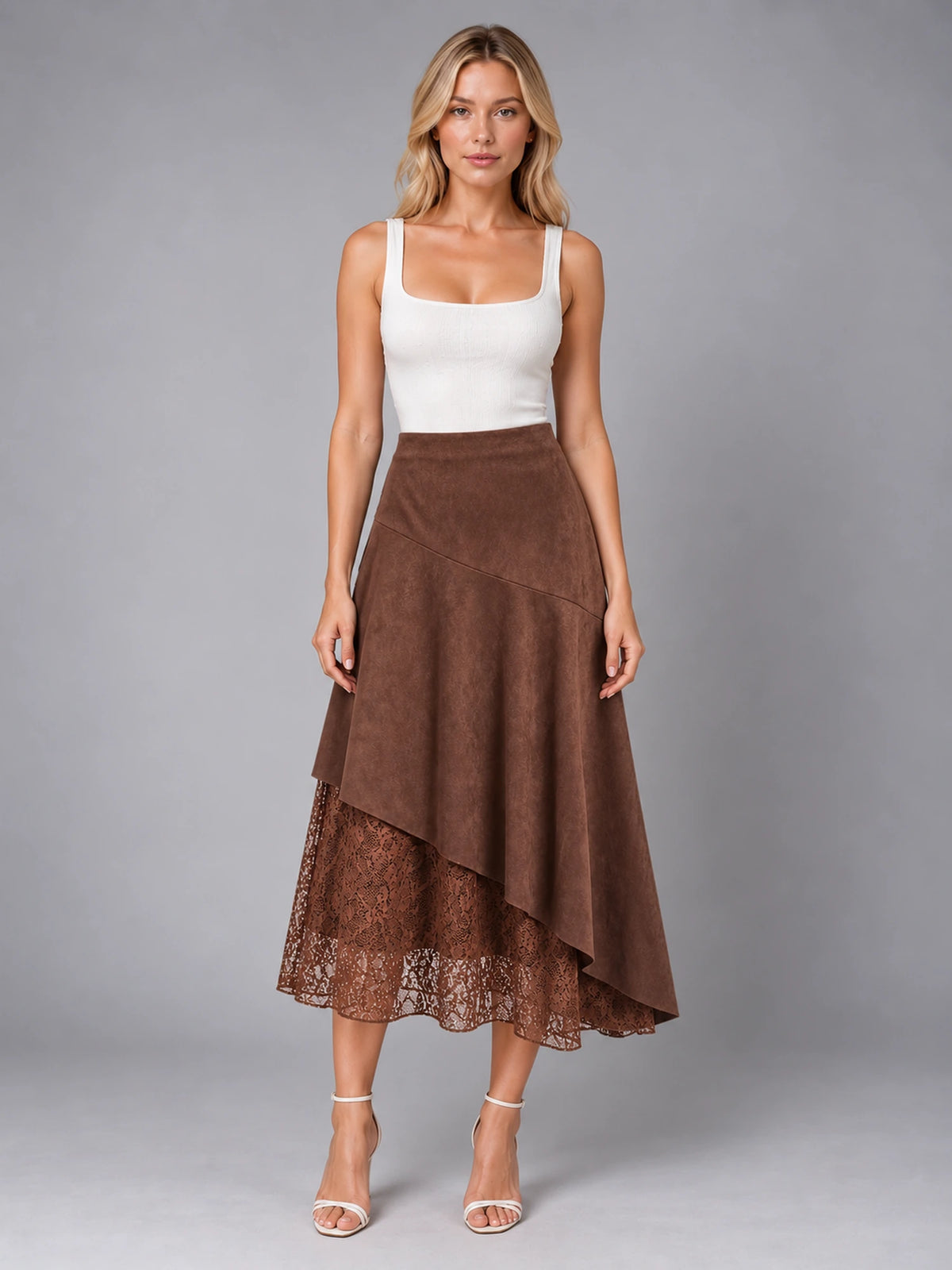 Women's Lace Trim Suede Skirt – Asymmetric Midi in Coffee — front view