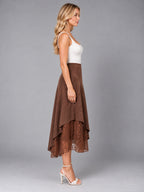 Women's Lace Trim Suede Skirt – Asymmetric Midi in Coffee — side view