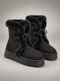 Women's Lace-Up Snow Boots – Chunky Sole Plush Lined in Black — front view