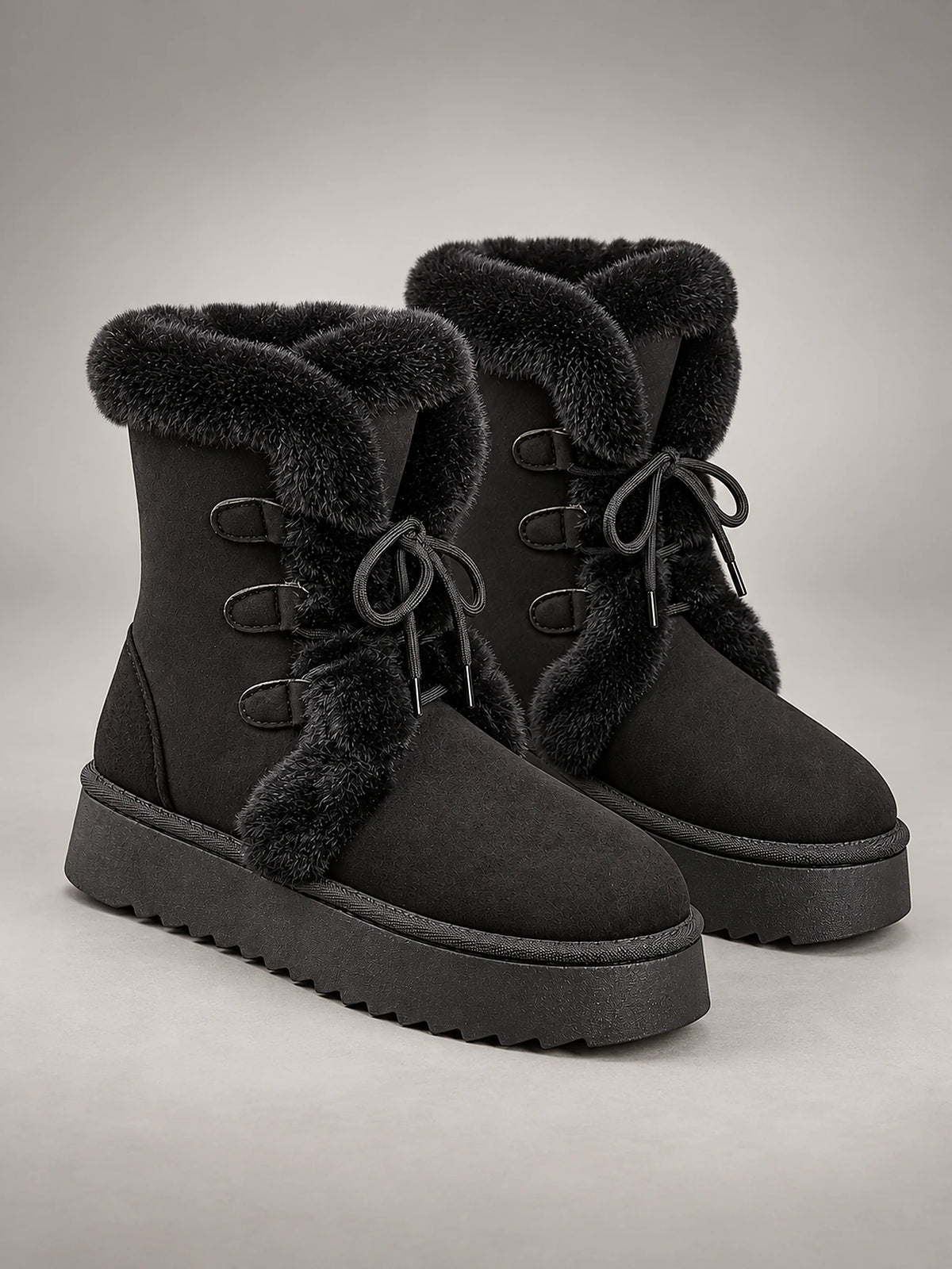 Women's Lace-Up Snow Boots – Chunky Sole Plush Lined in Black — front view