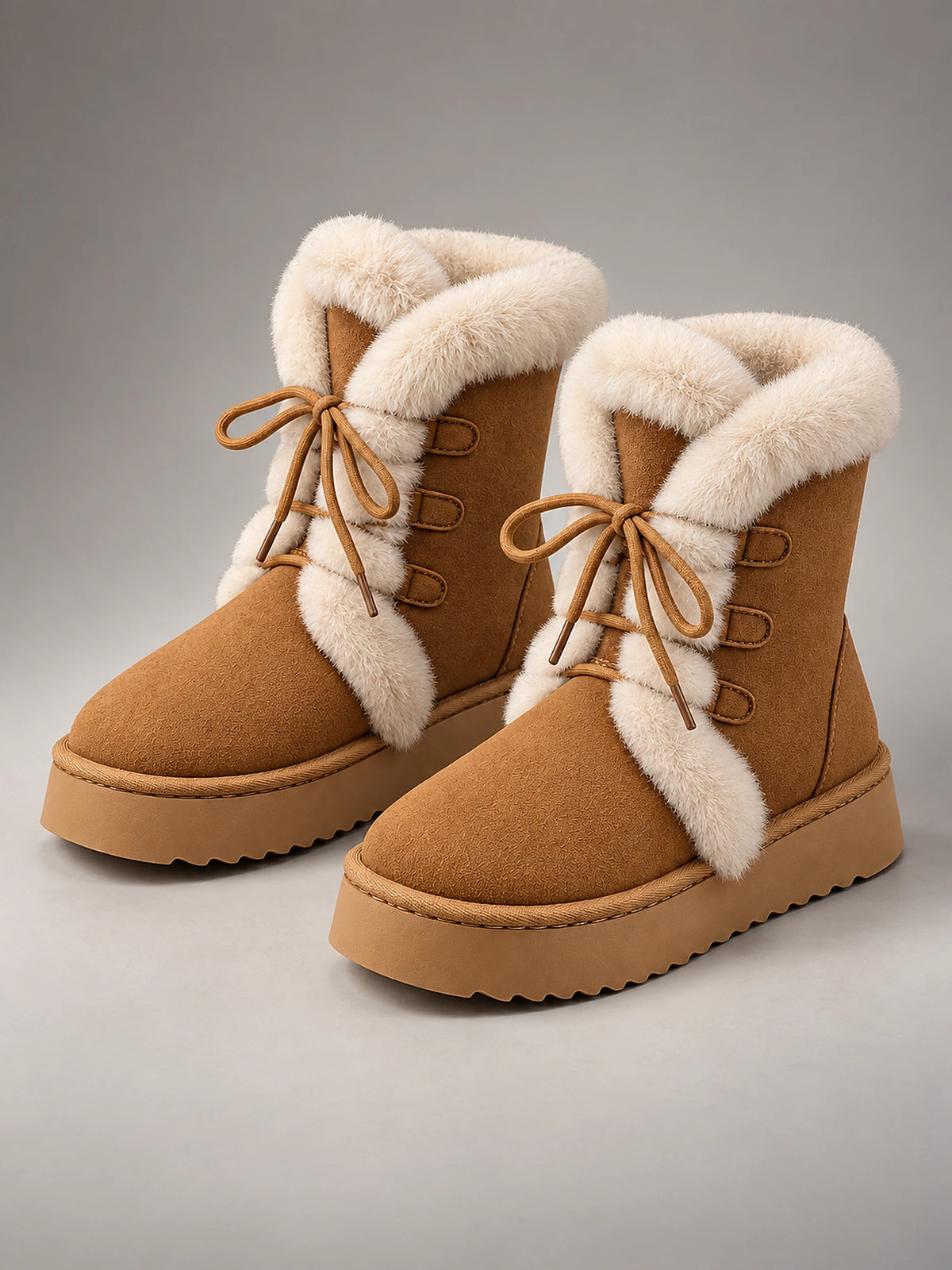 Women's Lace-Up Snow Boots – Chunky Sole Plush Lined in Camel — front view