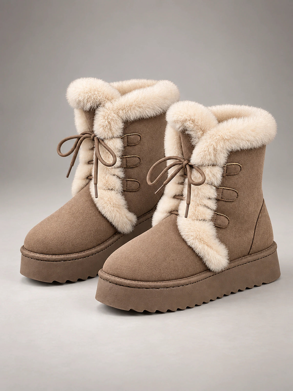 Women's Lace-Up Snow Boots – Chunky Sole Plush Lined in Khaki — front view
