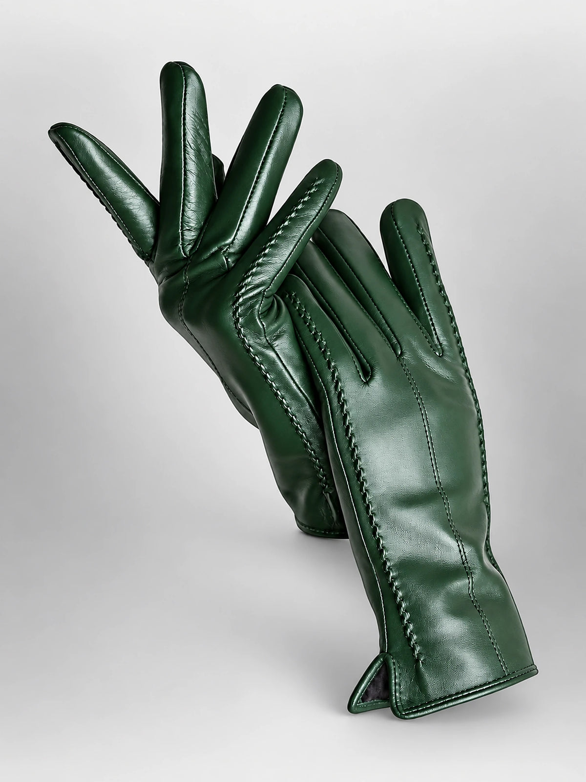 Women's Leather Gloves – Velvet Lined Touchscreen in Dark Green (Touchscreen) — front view