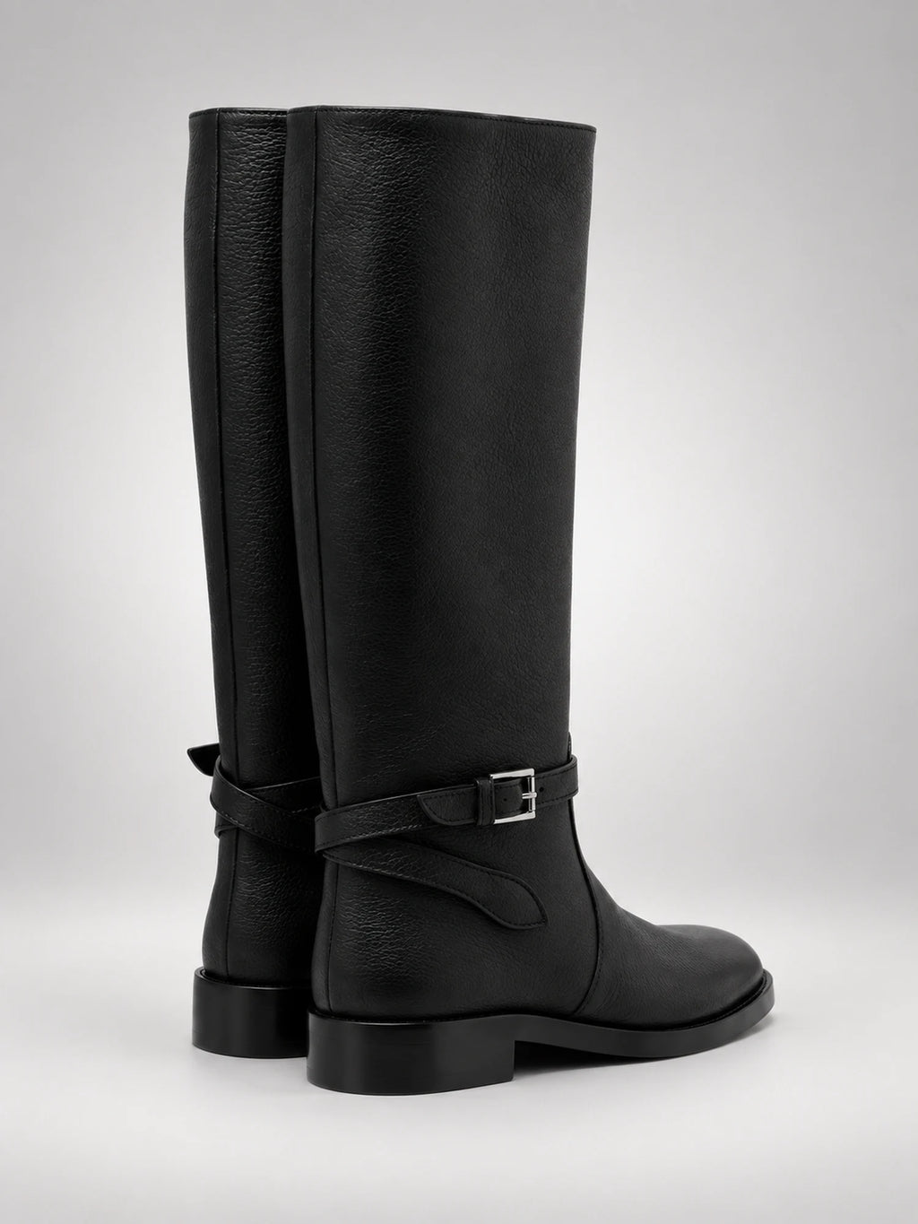 Women's Leather Knee-High Boots – Buckle Strap Flat Heel in Black — back view