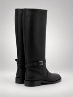 Women's Leather Knee-High Boots – Buckle Strap Flat Heel in Black — back view
