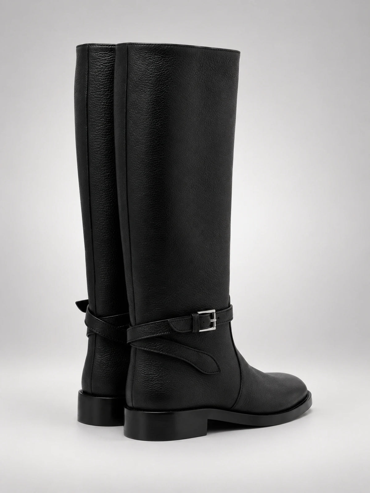 Women's Leather Knee-High Boots – Buckle Strap Flat Heel in Black — back view