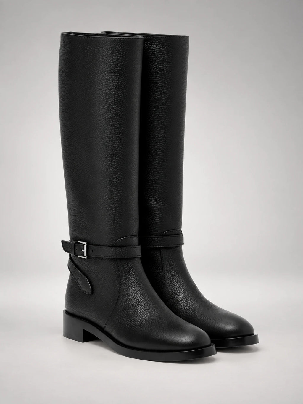 Women's Leather Knee-High Boots – Buckle Strap Flat Heel in Black — side view