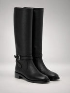 Women's Leather Knee-High Boots – Buckle Strap Flat Heel in Black — side view