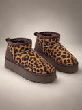 Women's Leather Platform Ankle Boots – Leopard Print Winter in Leopard (Plush Collar) — front view